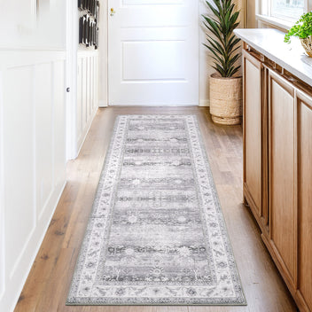Garvee Washable Runner Rug Floral Accent Non-Shedding Low Pile Carpet 2x6 Gray for Hallway Kitchen Laundry Porch