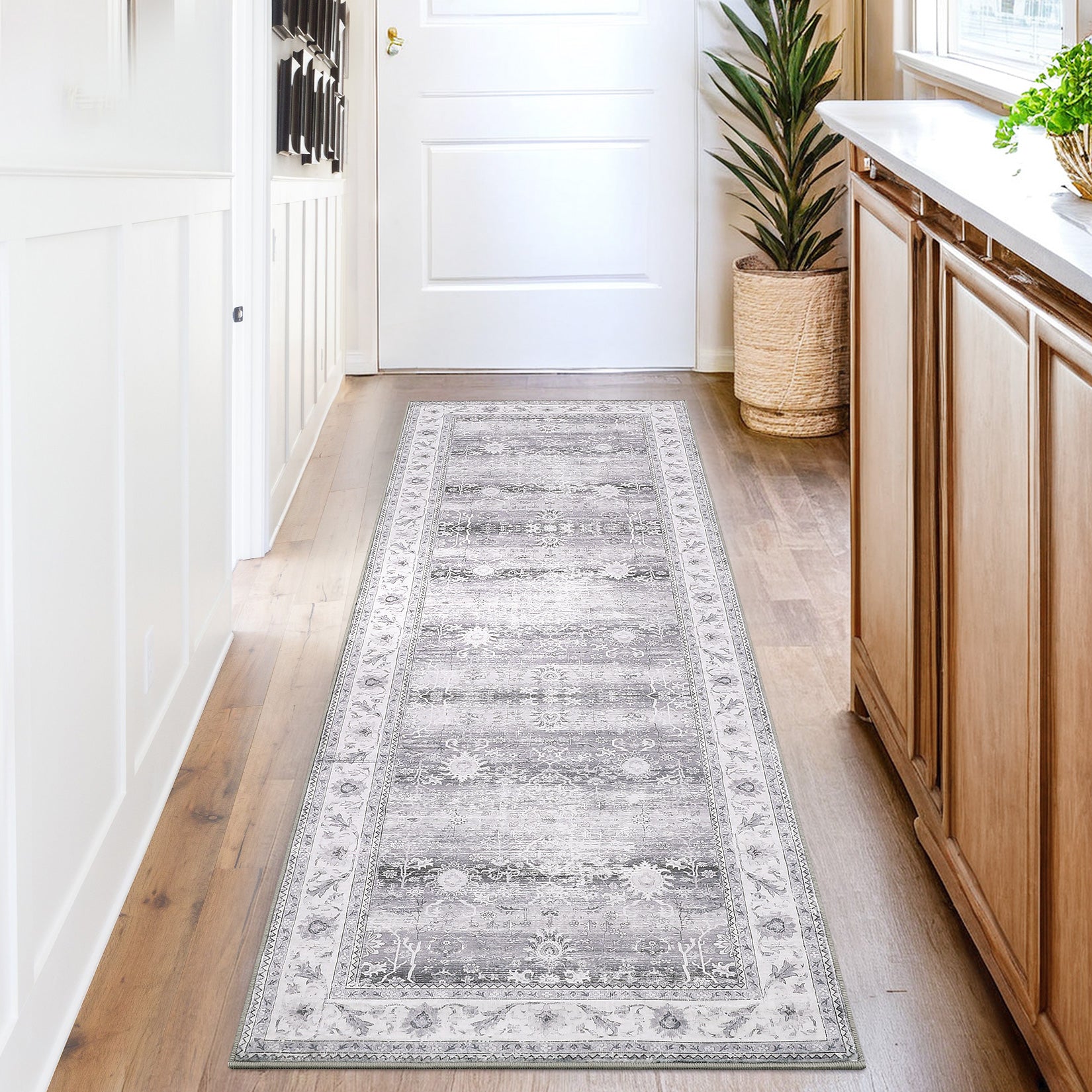 Garvee Washable Runner Rug Floral Accent Non-Shedding Low Pile Carpet 2x6 Gray for Hallway Kitchen Laundry Porch