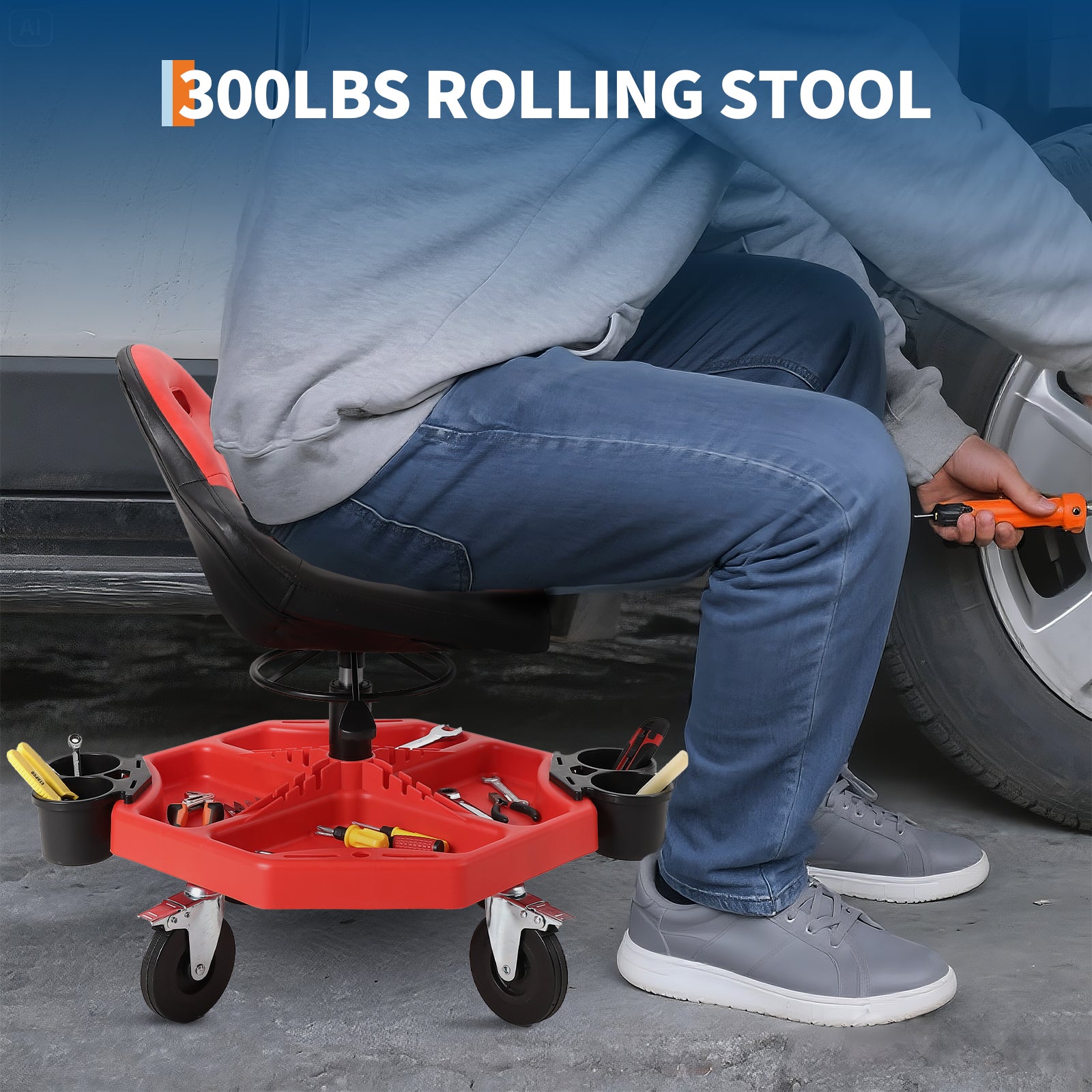 Garvee Rolling Mechanic Stool Height Adjustable 19''-24'' Red