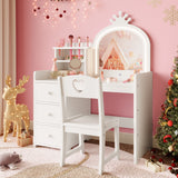 Garvee Kids Vanity Table Set with 3-Color Touch LED Mirror and Vanity Stool, White - White