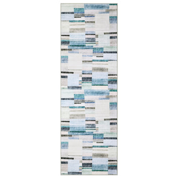 Garvee 2' x 6' Distressed Patchwork Runner Rug, Washable Non-Slip Soft Low-Pile Geometric Rug for Hallway, Kitchen & Entryway, Blue