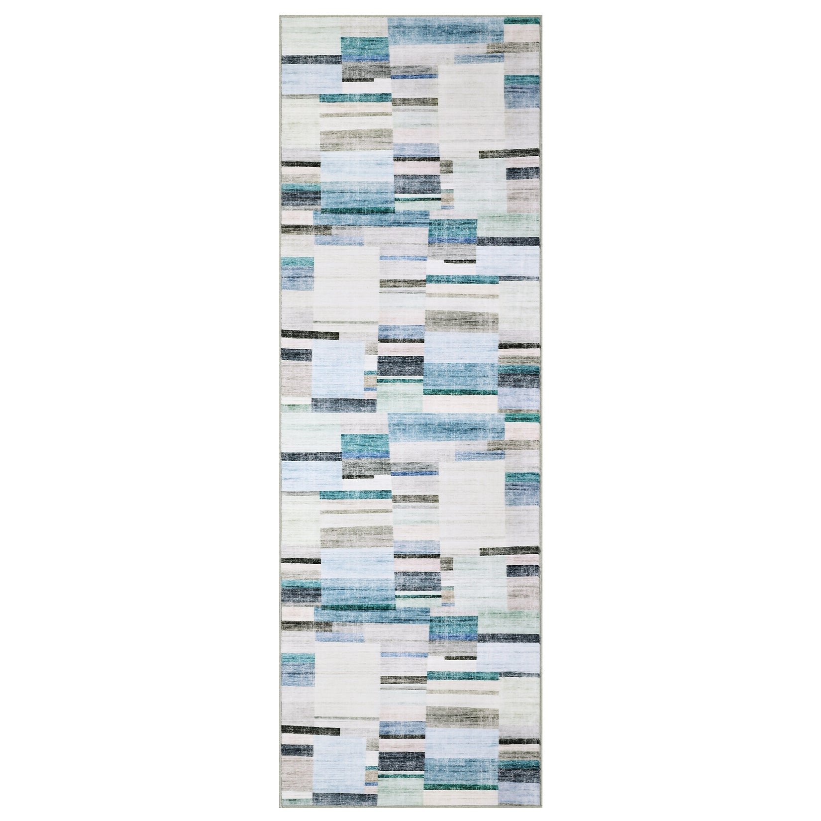 Garvee 2' x 6' Distressed Patchwork Runner Rug, Washable Non-Slip Soft Low-Pile Geometric Rug for Hallway, Kitchen & Entryway, Blue