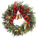 Garvee 24 Inch Pre-Lit Christmas Wreath with Lights for Front Door, Battery Operated Outdoor Winter Wreath with Pine Cones, Berries & Bells for Holiday Window Fireplace Indoor Decorations