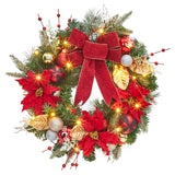 Garvee Lighted Christmas Wreath for FronGarvee Light Door, 24 Inch Artificial Christmas Wreath with Red Berries, Flowers, Decorative Balls, Battery Operated for Indoor Outdoor Decoration, Red and Gold
