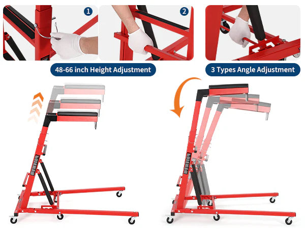 Garvee Automotive Engine Creeper Adjustable Height 48-66" Heavy Duty Steel 400LBS Capacity Foldable 6 Swivel Wheels Thick Cushion Tool Pouch for Garage