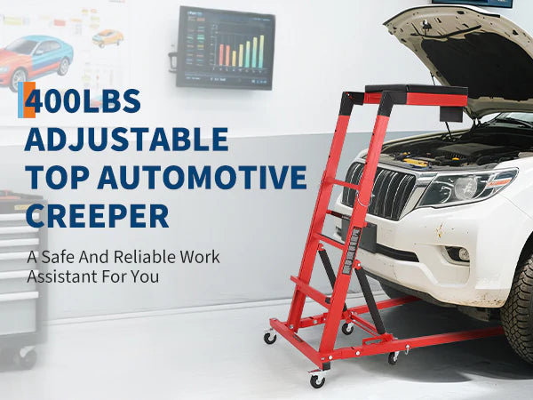 Garvee Automotive Engine Creeper Adjustable Height 48-66" Heavy Duty Steel 400LBS Capacity Foldable 6 Swivel Wheels Thick Cushion Tool Pouch for Garage