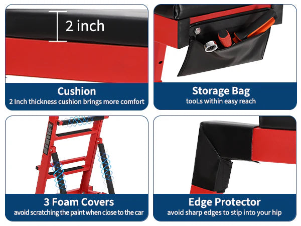 Garvee Automotive Engine Creeper Adjustable Height 48-66" Heavy Duty Steel 400LBS Capacity Foldable 6 Swivel Wheels Thick Cushion Tool Pouch for Garage