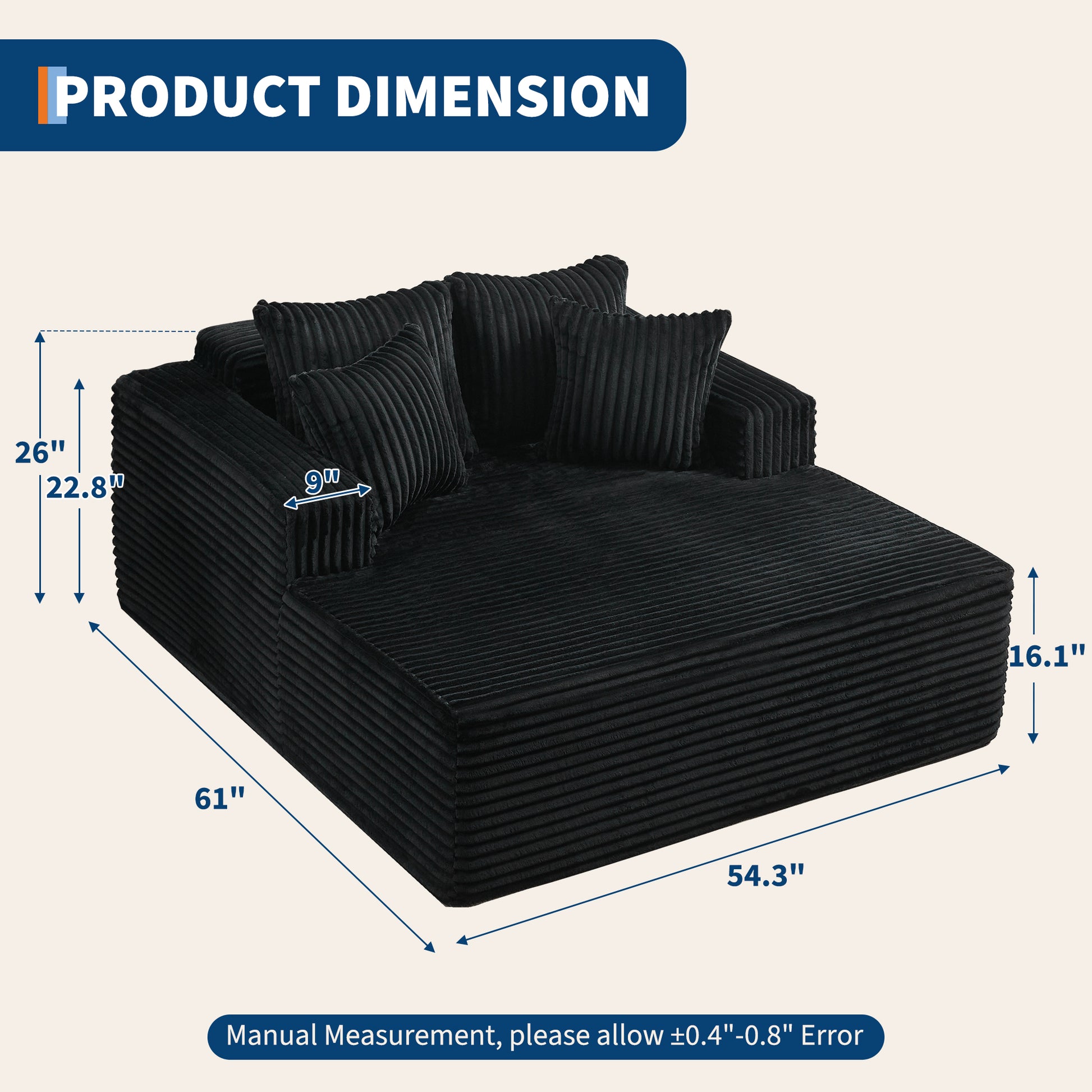 Garvee Boneless Couch 61'' Oversized Corduroy Chaise Lounge Chair, Deep Seat Cloud Sleeper Sofa Bed with 4 Fluffy Pillows & Armrests, No Assembly, for Living Room, Bedroom, Office, Black