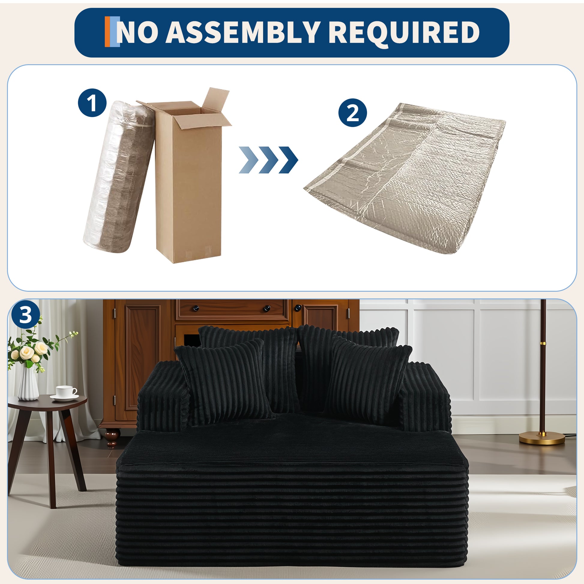 Garvee Boneless Couch 61'' Oversized Corduroy Chaise Lounge Chair, Deep Seat Cloud Sleeper Sofa Bed with 4 Fluffy Pillows & Armrests, No Assembly, for Living Room, Bedroom, Office, Black