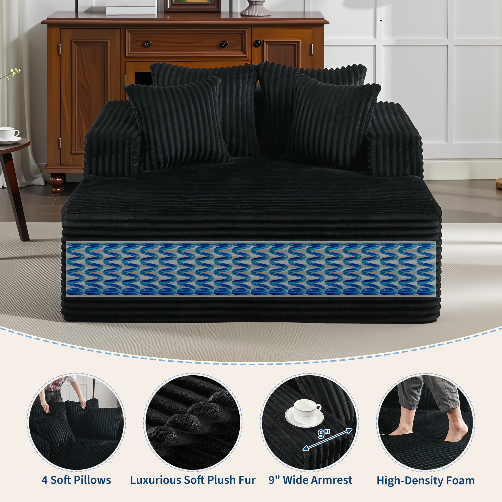 Garvee Boneless Couch 61'' Oversized Corduroy Chaise Lounge Chair, Deep Seat Cloud Sleeper Sofa Bed with 4 Fluffy Pillows & Armrests, No Assembly, for Living Room, Bedroom, Office, Black