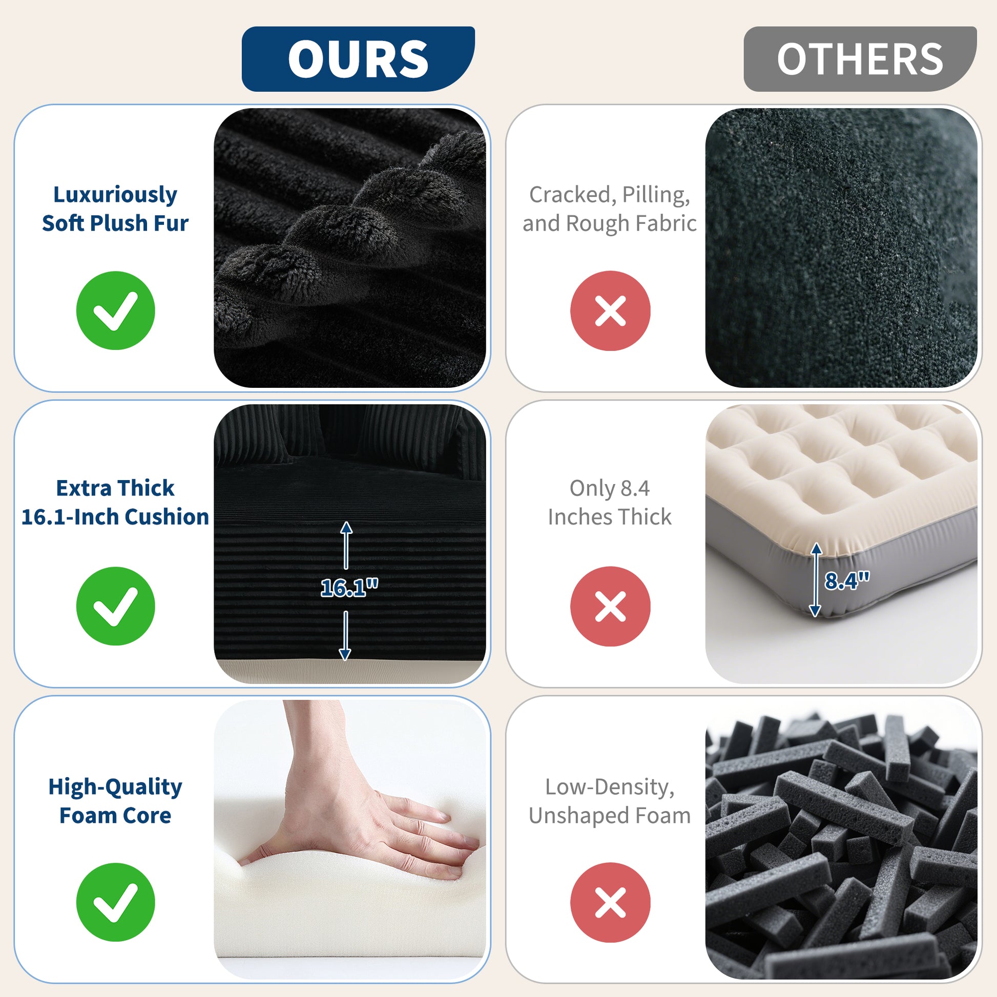 Garvee Boneless Couch 61'' Oversized Corduroy Chaise Lounge Chair, Deep Seat Cloud Sleeper Sofa Bed with 4 Fluffy Pillows & Armrests, No Assembly, for Living Room, Bedroom, Office, Black