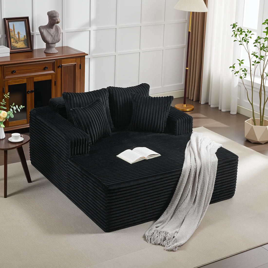 Garvee Boneless Couch 61'' Oversized Corduroy Chaise Lounge Chair, Deep Seat Cloud Sleeper Sofa Bed with 4 Fluffy Pillows & Armrests, No Assembly, for Living Room, Bedroom, Office, Black