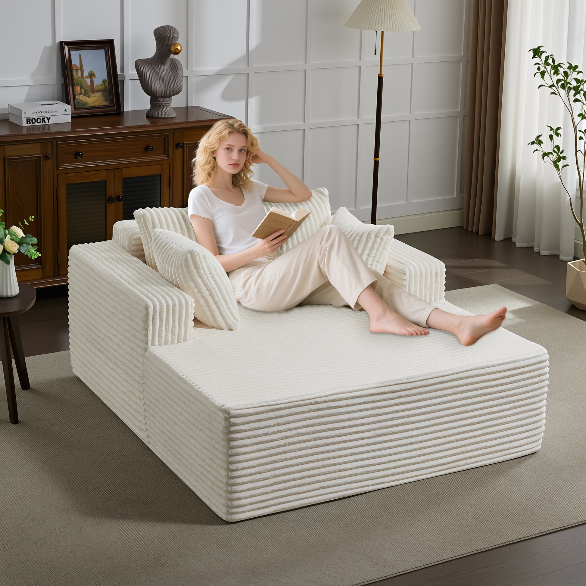 Garvee Oversized 61'' Corduroy Chaise Lounge Chair, Boneless Couch Cloud Sleeper Sofa Bed with High-Density Foam, 4 Plush Pillows & Armrests, No Assembly, for Living Room, Bedroom, Beige