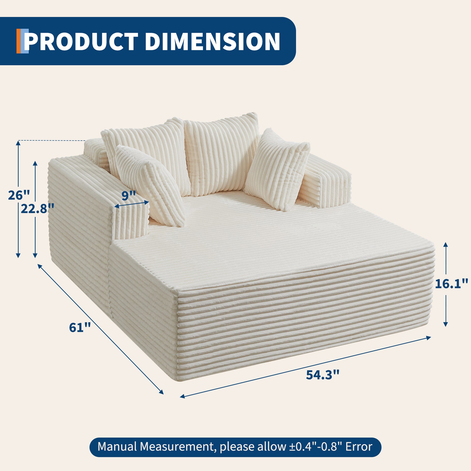 Garvee Oversized 61'' Corduroy Chaise Lounge Chair, Boneless Couch Cloud Sleeper Sofa Bed with High-Density Foam, 4 Plush Pillows & Armrests, No Assembly, for Living Room, Bedroom, Beige