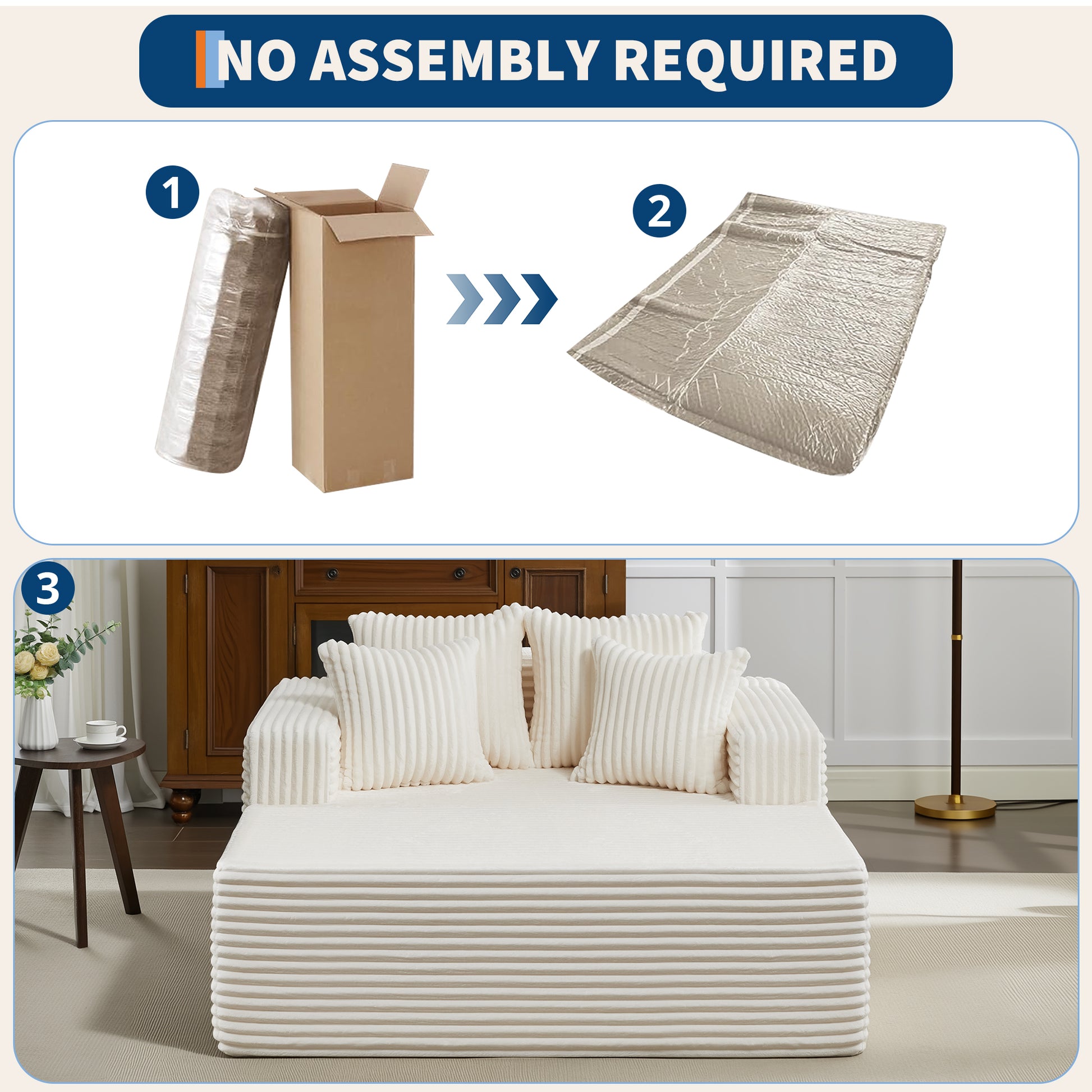 Garvee Oversized 61'' Corduroy Chaise Lounge Chair, Boneless Couch Cloud Sleeper Sofa Bed with High-Density Foam, 4 Plush Pillows & Armrests, No Assembly, for Living Room, Bedroom, Beige