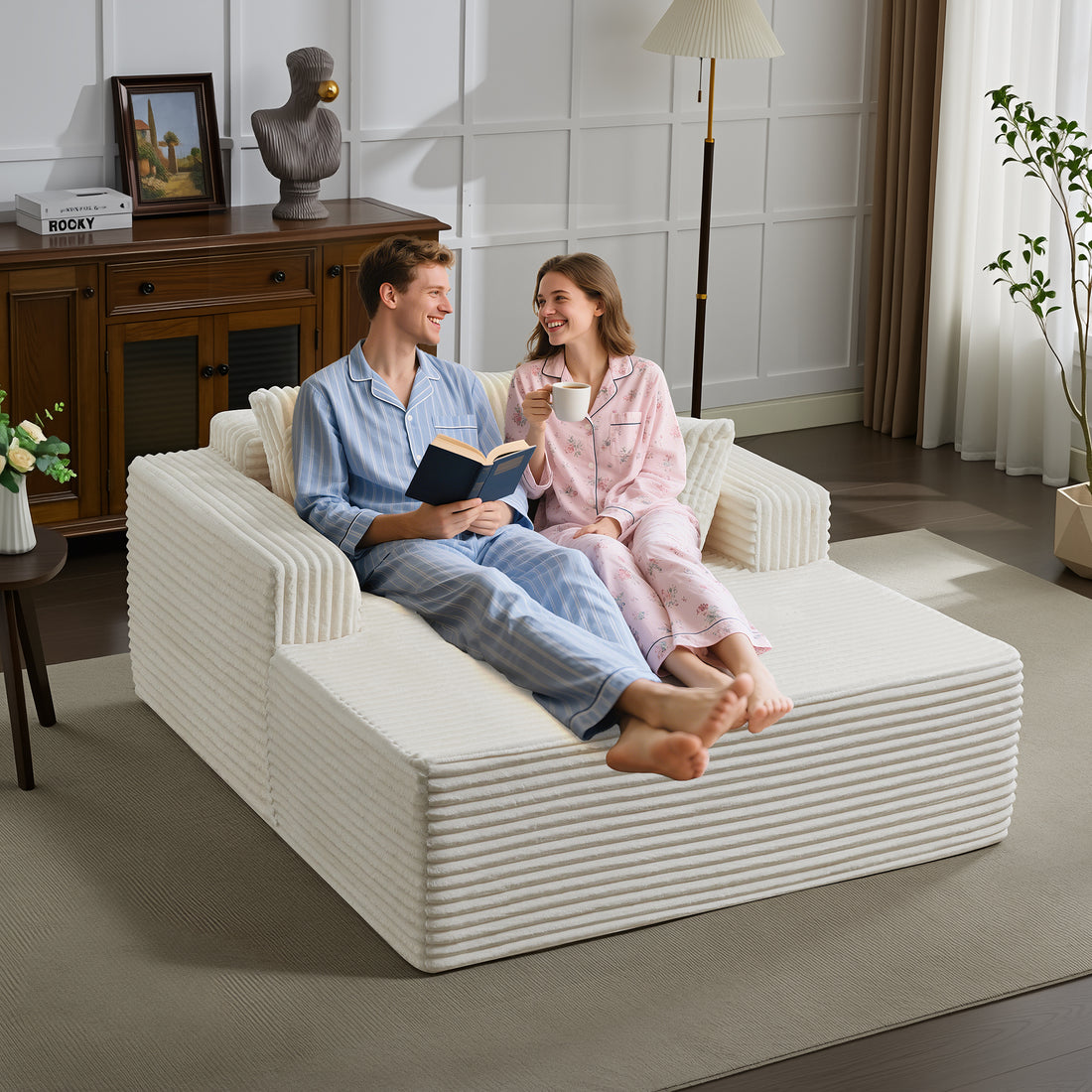 Garvee Oversized 61'' Corduroy Chaise Lounge Chair, Boneless Couch Cloud Sleeper Sofa Bed with High-Density Foam, 4 Plush Pillows & Armrests, No Assembly, for Living Room, Bedroom, Creamy