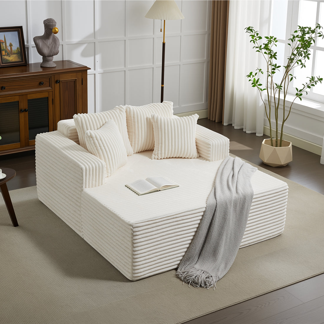 Garvee Oversized 61'' Corduroy Chaise Lounge Chair, Boneless Couch Cloud Sleeper Sofa Bed with High-Density Foam, 4 Plush Pillows & Armrests, No Assembly, for Living Room, Bedroom, Beige