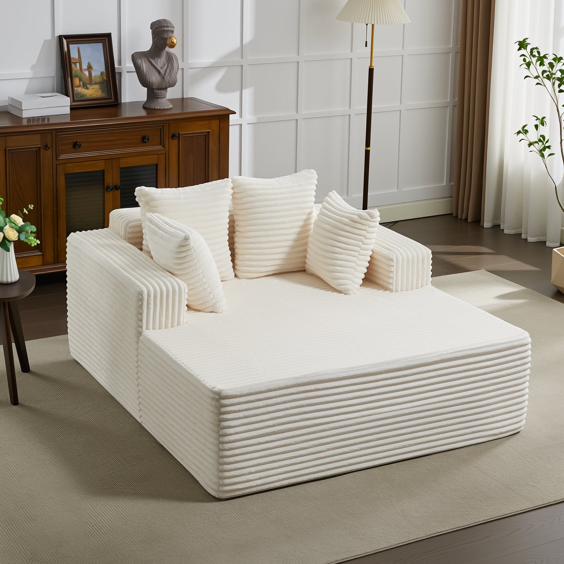 Garvee Oversized 61'' Corduroy Chaise Lounge Chair, Boneless Couch Cloud Sleeper Sofa Bed with High-Density Foam, 4 Plush Pillows & Armrests, No Assembly, for Living Room, Bedroom, Beige