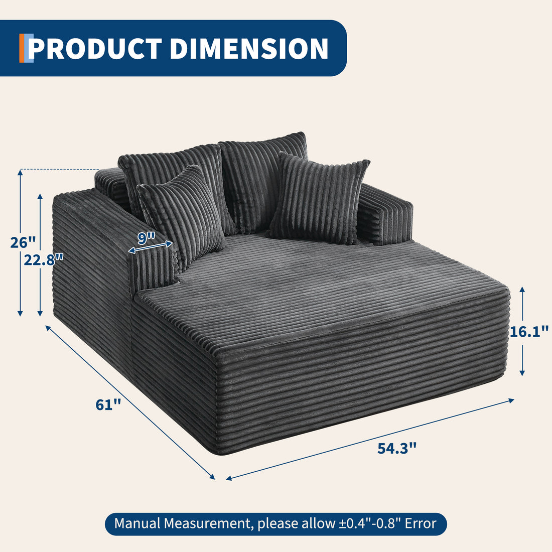 Garvee Boneless Couch 61'' Oversized Corduroy Chaise Lounge Chair, Deep Seat Cloud Sleeper Sofa Bed with 4 Fluffy Pillows & Armrests, No Assembly, for Living Room, Bedroom, Office, Grey