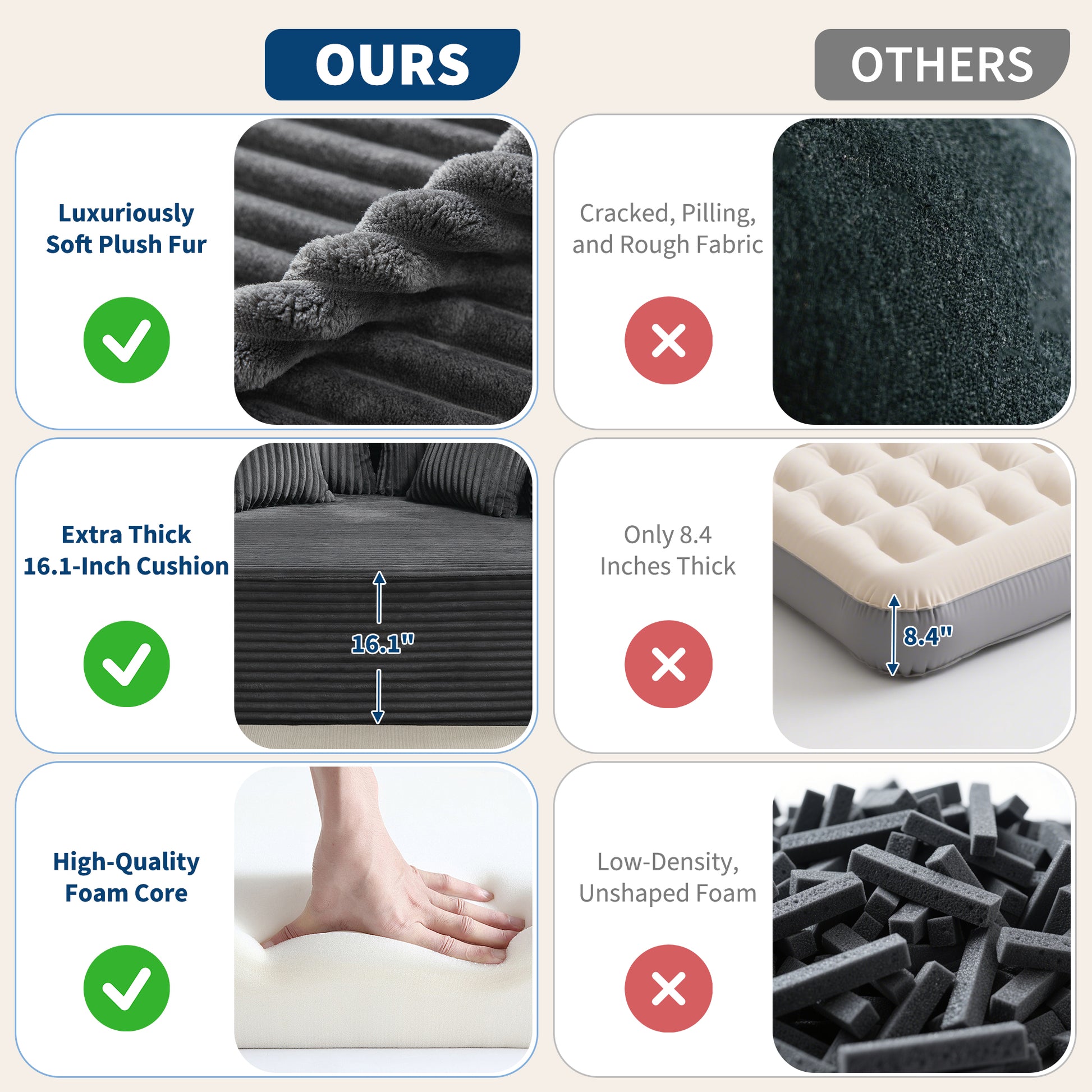 Garvee Boneless Couch 61'' Oversized Corduroy Chaise Lounge Chair, Deep Seat Cloud Sleeper Sofa Bed with 4 Fluffy Pillows & Armrests, No Assembly, for Living Room, Bedroom, Office, Grey