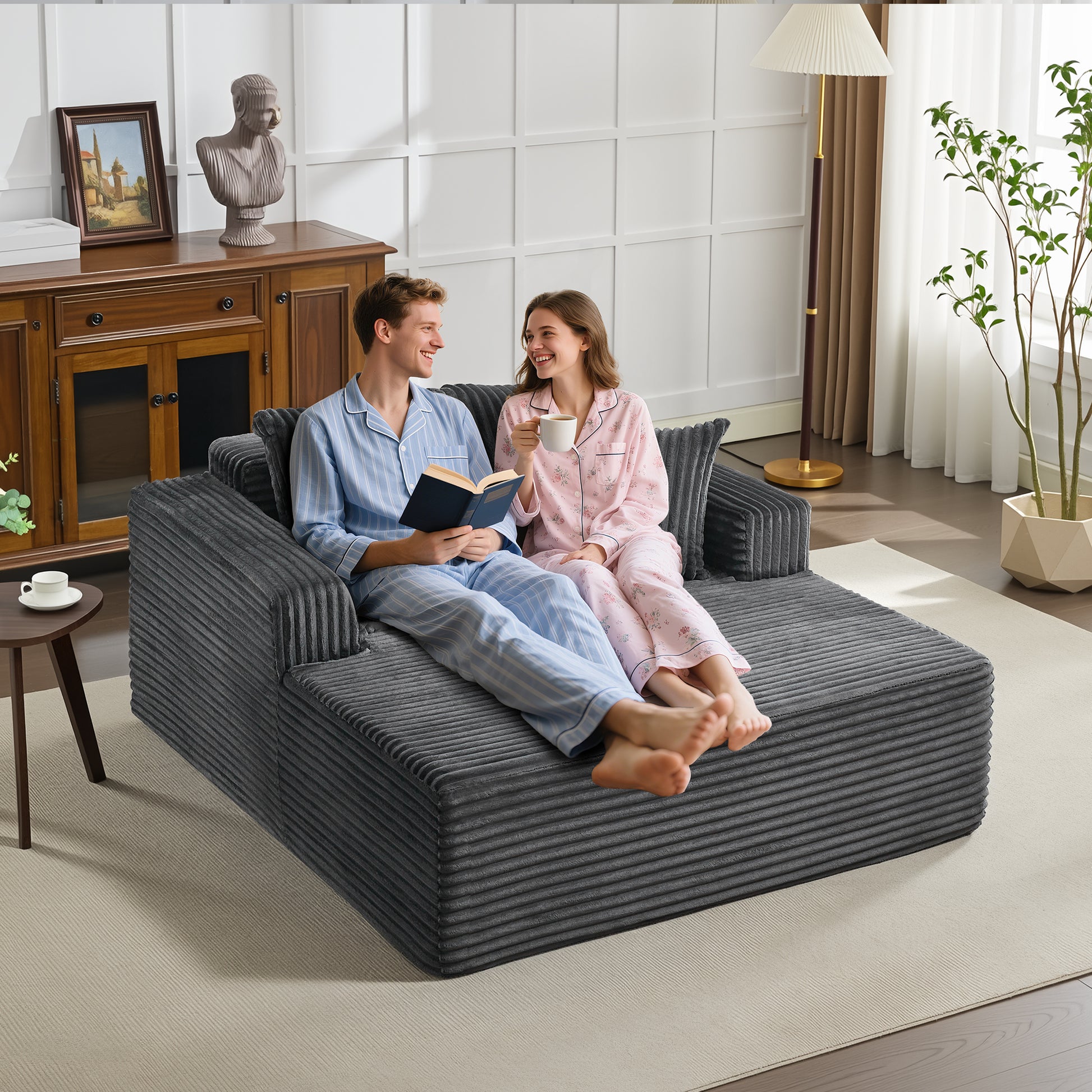 Garvee Boneless Couch 61'' Oversized Corduroy Chaise Lounge Chair, Deep Seat Cloud Sleeper Sofa Bed with 4 Fluffy Pillows & Armrests, No Assembly, for Living Room, Bedroom, Office, Grey