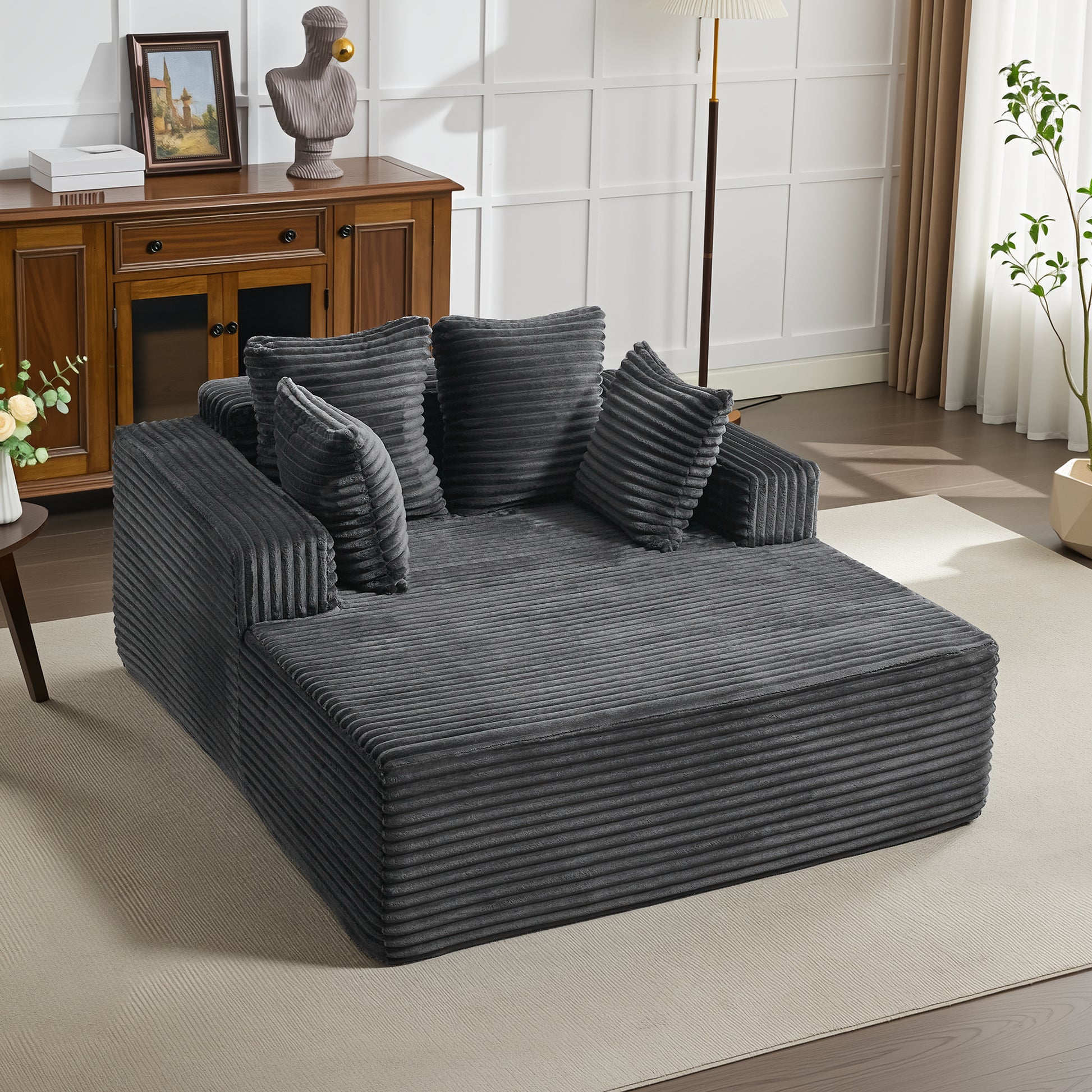 Garvee Boneless Couch 61'' Oversized Corduroy Chaise Lounge Chair, Deep Seat Cloud Sleeper Sofa Bed with 4 Fluffy Pillows & Armrests, No Assembly, for Living Room, Bedroom, Office, Grey