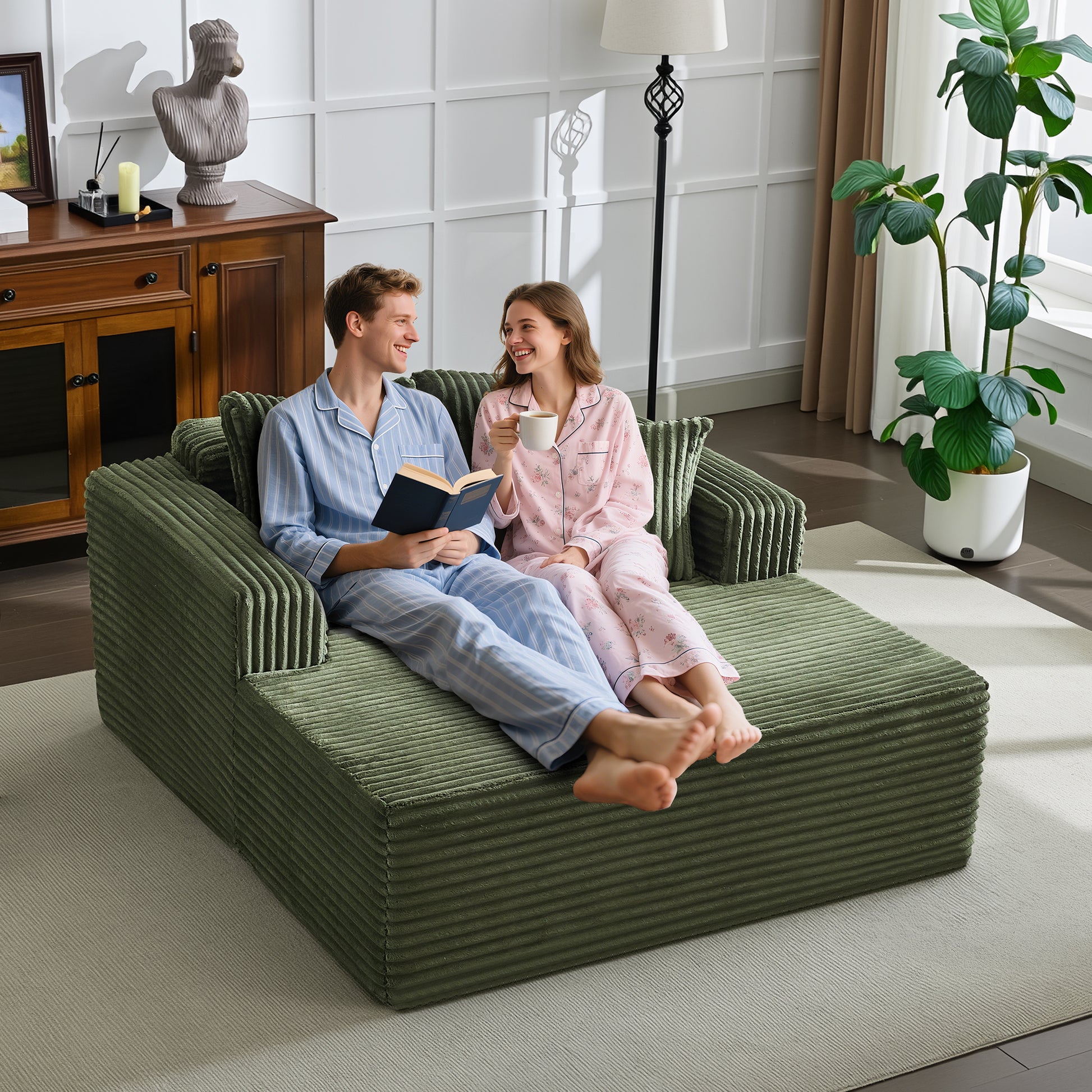 Garvee Boneless Couch 61'' Oversized Corduroy Chaise Lounge Chair, Deep Seat Cloud Sleeper Sofa Bed with 4 Fluffy Pillows & Armrests, No Assembly, for Living Room, Bedroom, Office, Green