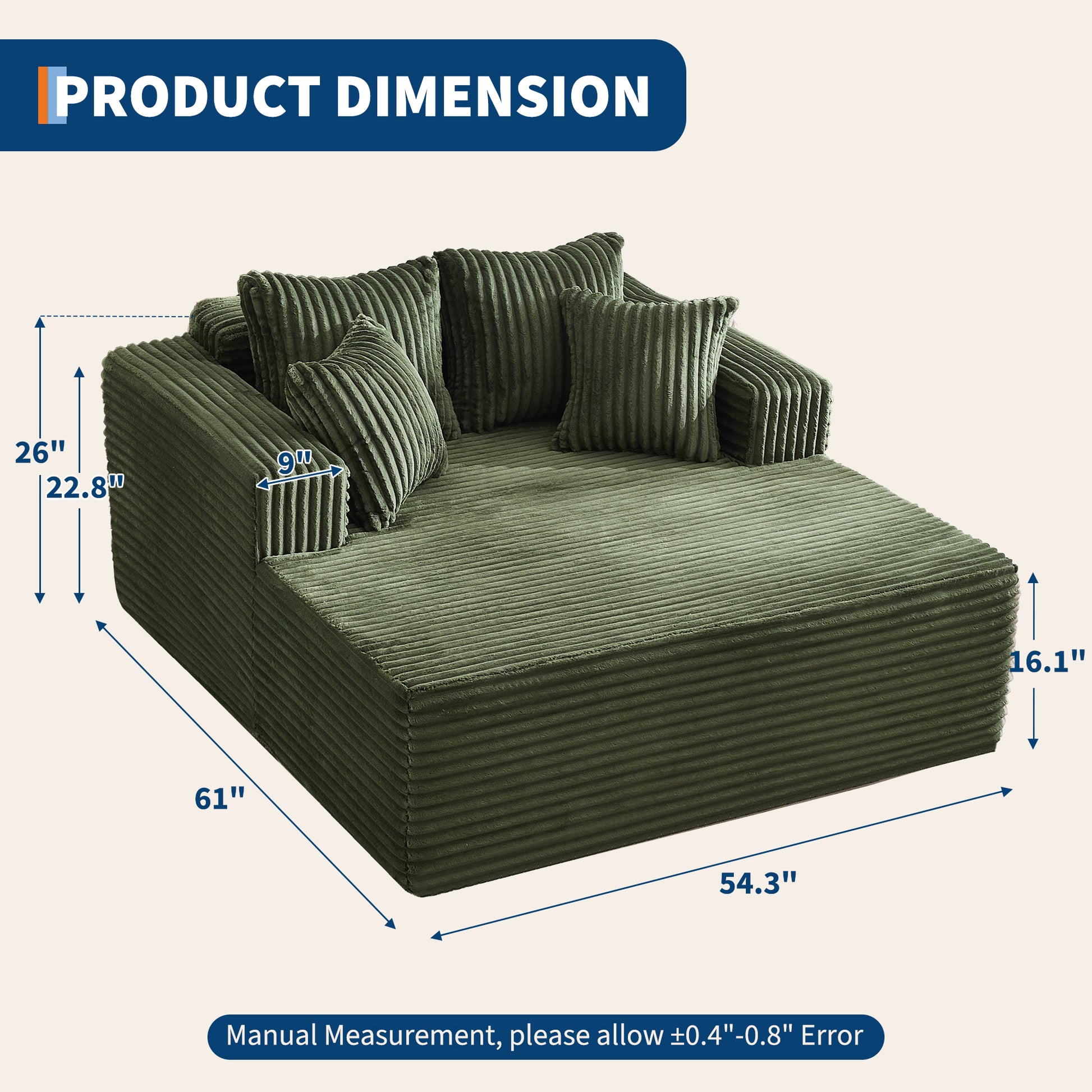 Garvee Boneless Couch 61'' Oversized Corduroy Chaise Lounge Chair, Deep Seat Cloud Sleeper Sofa Bed with 4 Fluffy Pillows & Armrests, No Assembly, for Living Room, Bedroom, Office, Green