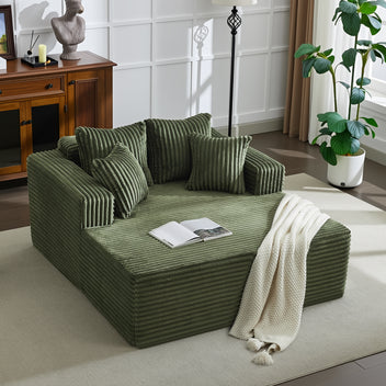 Garvee Boneless Couch 61'' Oversized Corduroy Chaise Lounge Chair, Deep Seat Cloud Sleeper Sofa Bed with 4 Fluffy Pillows & Armrests, No Assembly, for Living Room, Bedroom, Office, Green