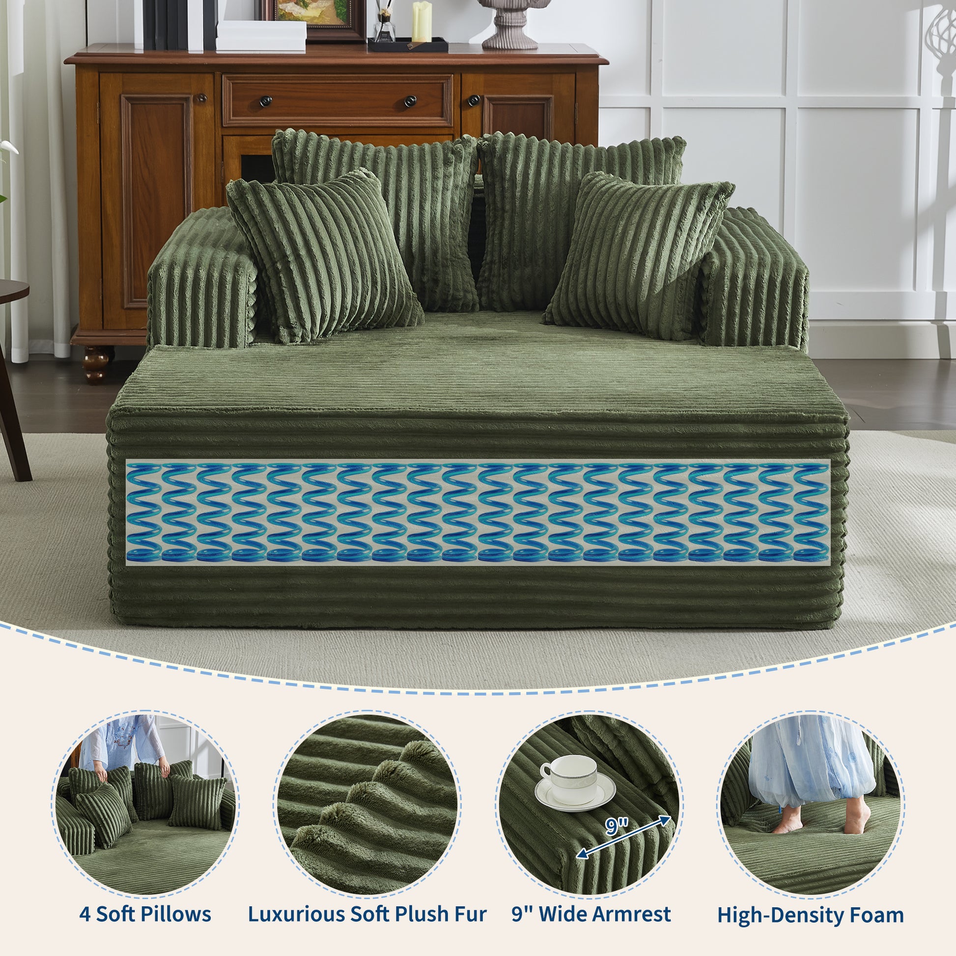 Garvee Boneless Couch 61'' Oversized Corduroy Chaise Lounge Chair, Deep Seat Cloud Sleeper Sofa Bed with 4 Fluffy Pillows & Armrests, No Assembly, for Living Room, Bedroom, Office, Green