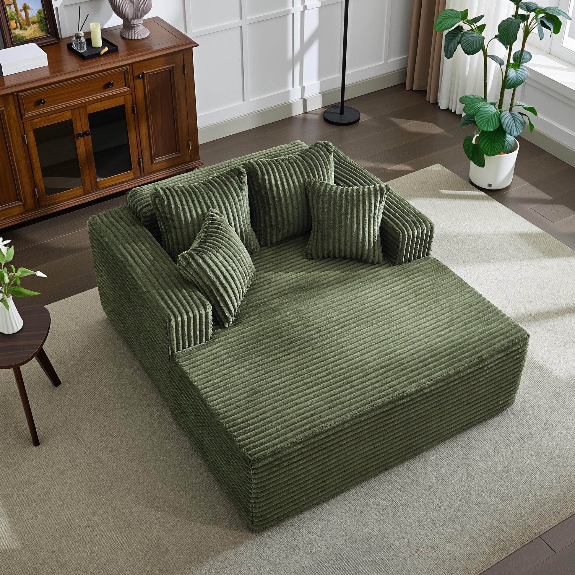Garvee Boneless Couch 61'' Oversized Corduroy Chaise Lounge Chair, Deep Seat Cloud Sleeper Sofa Bed with 4 Fluffy Pillows & Armrests, No Assembly, for Living Room, Bedroom, Office, Green