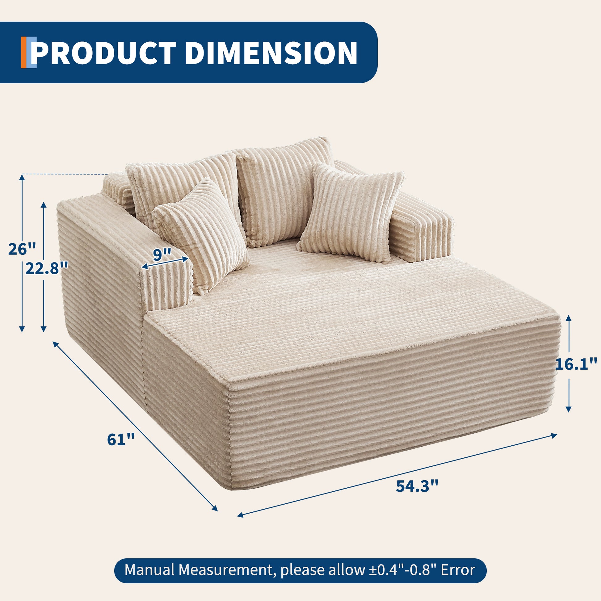 Garvee Boneless Couch 61'' Oversized Corduroy Chaise Lounge Chair, Deep Seat Cloud Sleeper Sofa Bed with 4 Fluffy Pillows & Armrests, No Assembly, for Living Room, Bedroom, Office, Camel