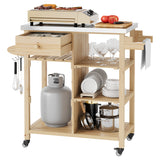 Garvee Sturdy Wood Outdoor Grill Cart for Patio and Garden – Stainless Steel Top, Storage Cabinet, Drawer, Open Shelves, Portable Rolling Kitchen Island and Prep Table with Lockable Wheels – Sturdy Wood Color