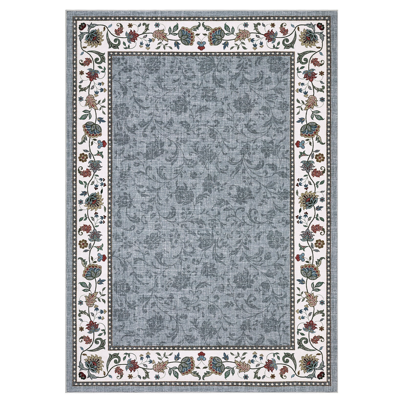 Garvee 6x9 Washable Vintage Floral Print Living Room Rug, Non Slip, Soft Faux Wool, Grey, Large Carpet for Bedroom, Dining Room, Nursery, Office