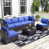 Garvee 7-Piece Outdoor Patio Furniture Set – All-Weather PE Wicker Sectional Sofa with Cushions & Glass Coffee Table, Modular Conversation Set for Garden, Balcony, Poolside (6-Seater) - Brown+Navy Blue
