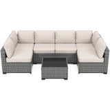 Garvee 7-Piece Outdoor Patio Furniture Set – All-Weather PE Wicker Sectional Sofa with Cushions & Glass Coffee Table, Modular Conversation Set for Garden, Balcony, Poolside (6-Seater) - Gray+ Beige