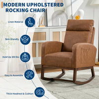 Garvee Rocking Chair Nursery, Modern PU Fabric Upholstered Glider Rocker Side Pocket, High Backrest Padded Seat Accent Armchair for Living Room, Nursery, Bedroom, Brown