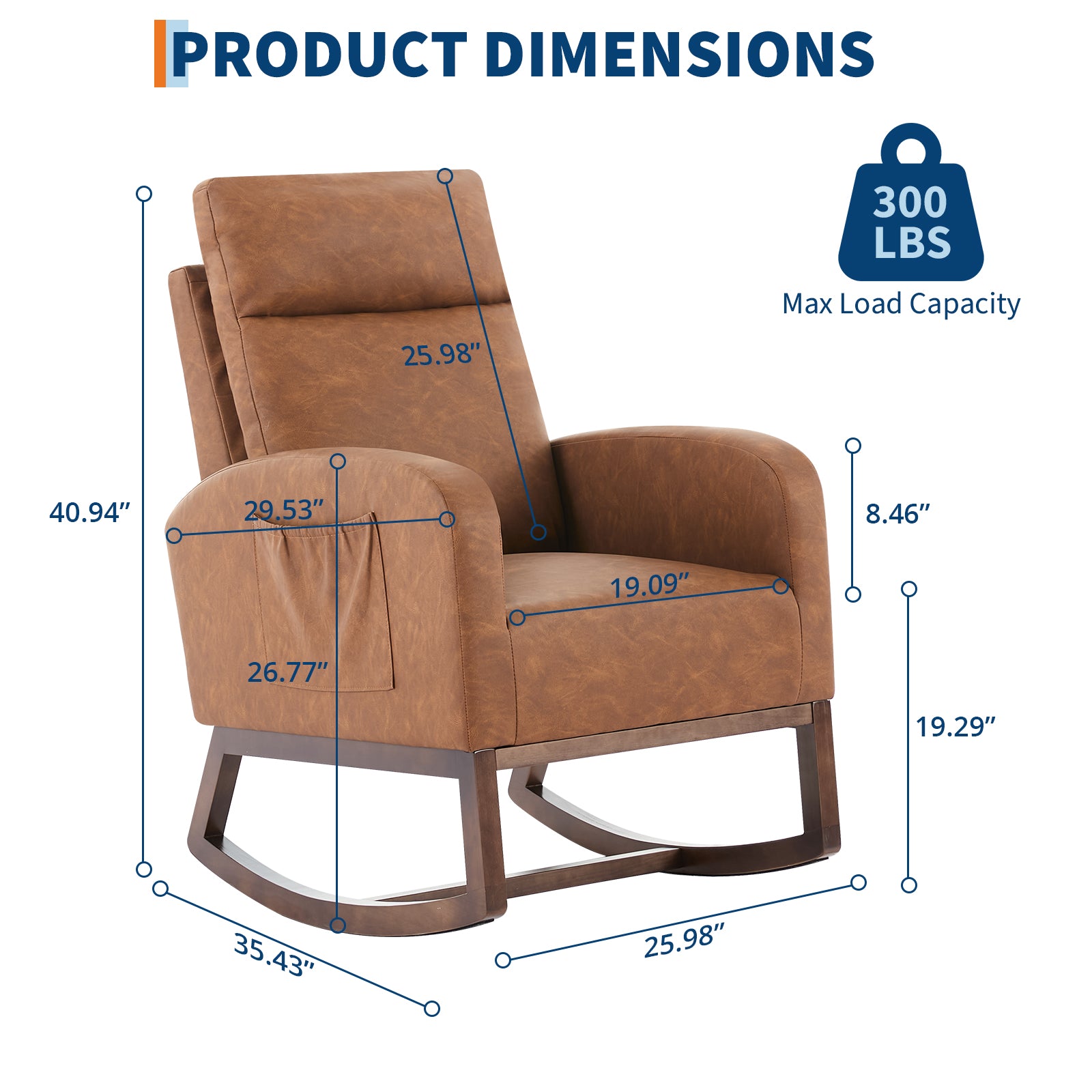 Garvee Rocking Chair Nursery, Modern PU Fabric Upholstered Glider Rocker Side Pocket, High Backrest Padded Seat Accent Armchair for Living Room, Nursery, Bedroom, Brown
