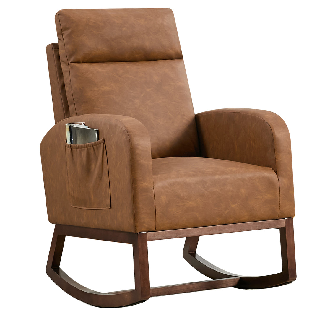 Garvee Rocking Chair Nursery, Modern PU Fabric Upholstered Glider Rocker Side Pocket, High Backrest Padded Seat Accent Armchair for Living Room, Nursery, Bedroom, Brown