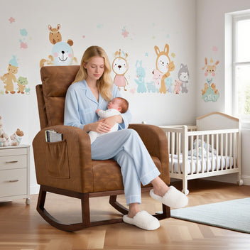 Garvee Rocking Chair Nursery, Modern PU Fabric Upholstered Glider Rocker Side Pocket, High Backrest Padded Seat Accent Armchair for Living Room, Nursery, Bedroom, Brown