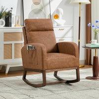 Garvee Rocking Chair Nursery, Modern PU Fabric Upholstered Glider Rocker Side Pocket, High Backrest Padded Seat Accent Armchair for Living Room, Nursery, Bedroom, Brown