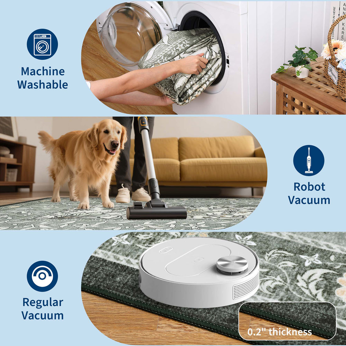 Garvee Provence 8x10 Area Rugs Botanical Grove Washable Low-Pile Vintage Carpet Gray for Living Room Bedroom Nursery Dining, Gray