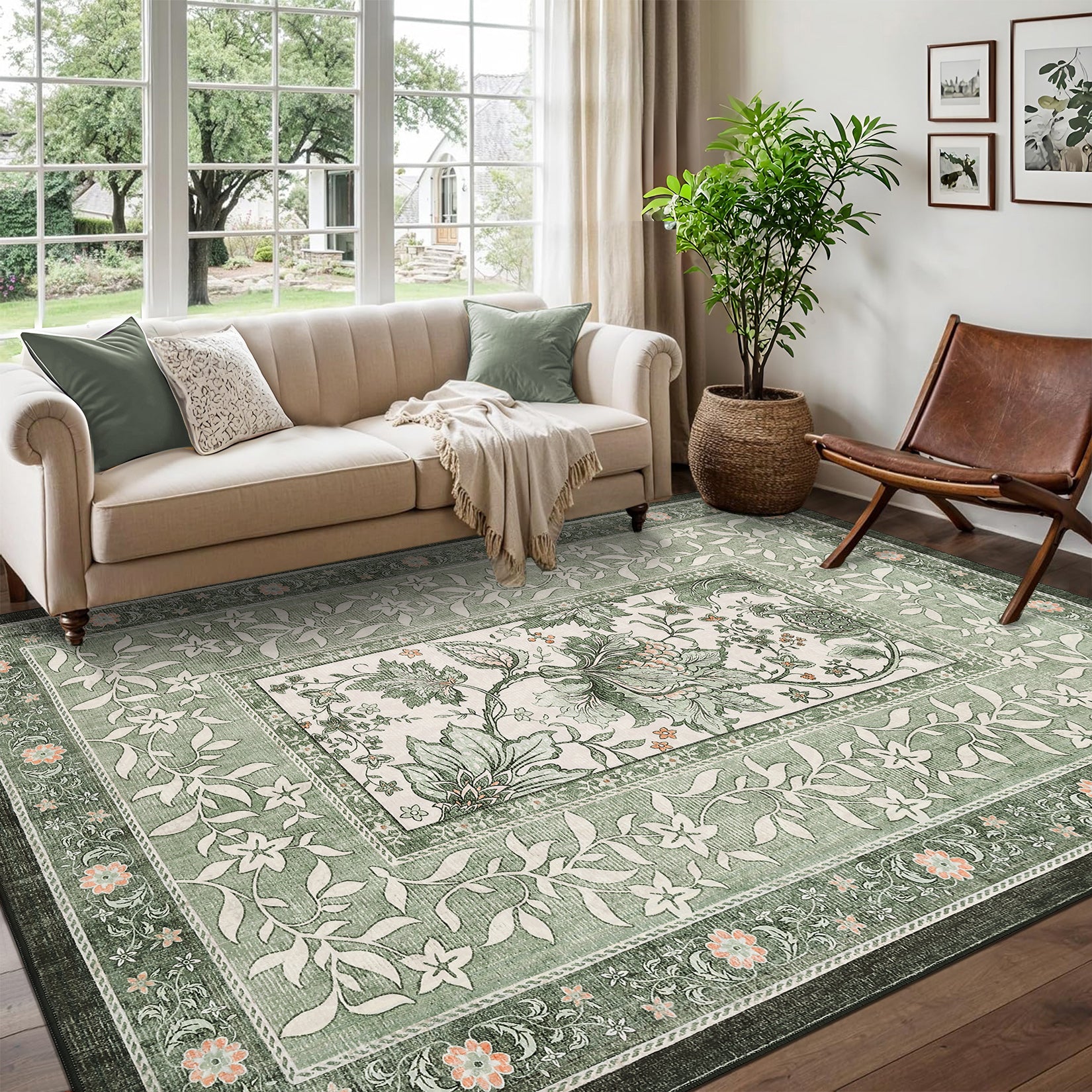 Garvee Provence 5x7 Area Rugs Botanical Grove Sage Green Vintage Cotta