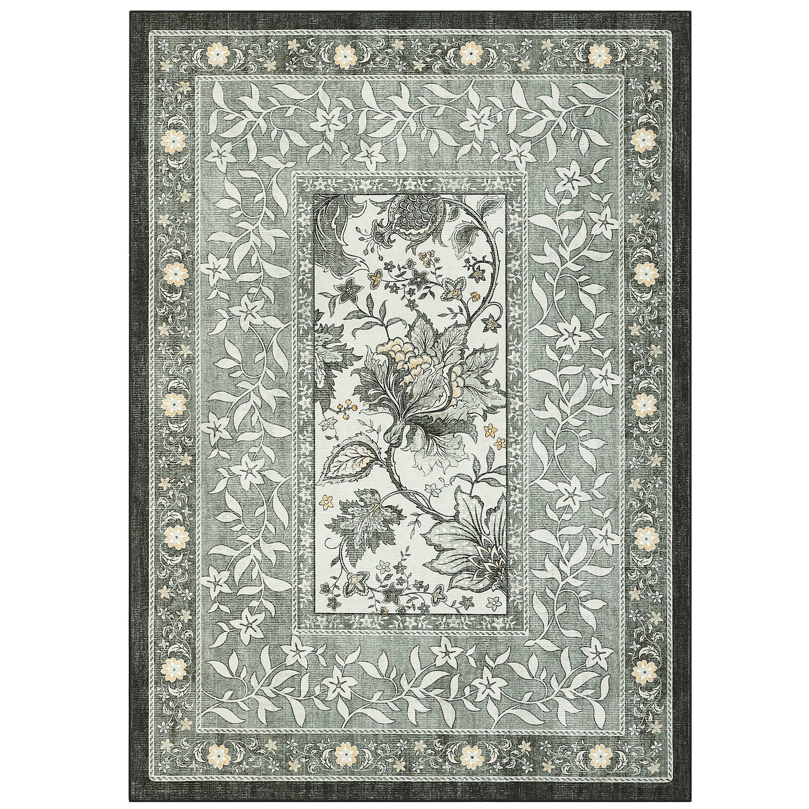 Garvee Provence 9x12 Area Rug Botanical Grove Washable Low-Pile Vintage Carpet Gray for Living Room Bedroom Dining Nursery