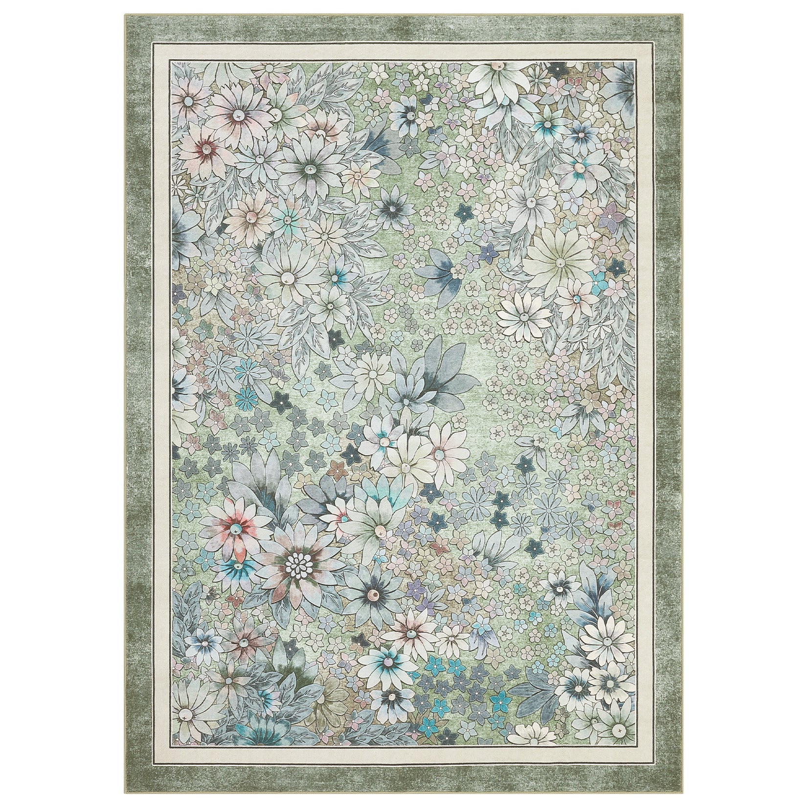 Garvee Washable 10x13 Area Rugs Boho Floral Vintage Low Pile Non Slip Large Rug Green for Living Room Bedroom Dining Room Kids Playroom