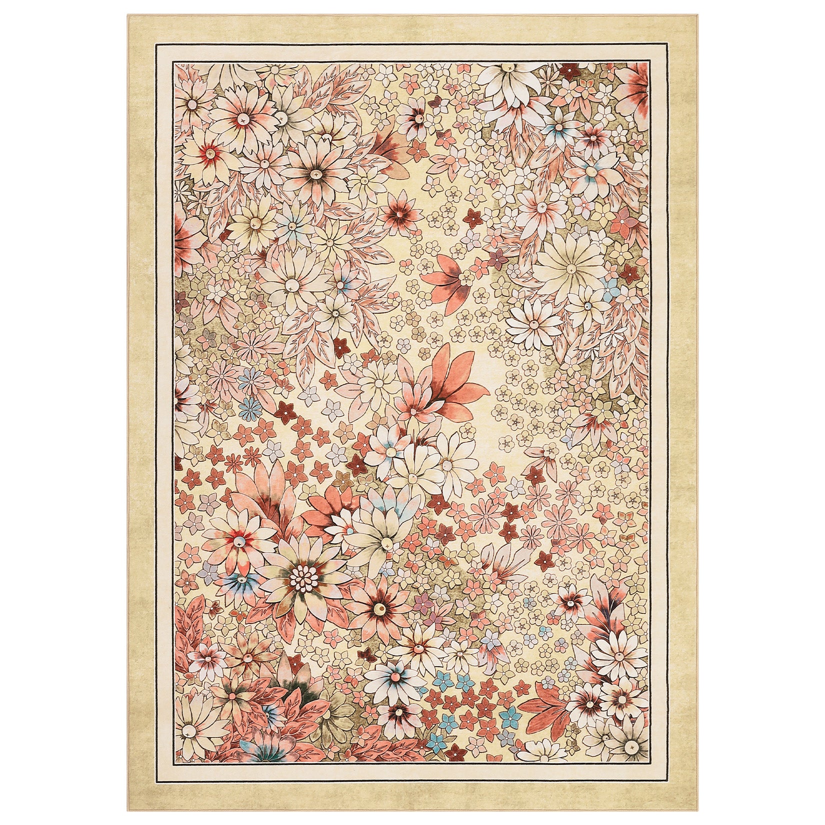 Garvee Washable 9x12 Area Rugs Non Slip Boho Floral Vintage Low Pile Large Rug Yellow for Living Room Bedroom Farmhouse Dining Kids Playroom