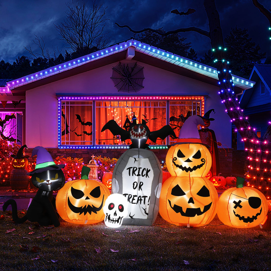 Garvee Inflatables Outdoor Decorations Scary Pumpkin with Witch Cat, Bat & Tombstone, Blow Up Inflatable with Built-in LEDs for Outdoor Yard Garden Lawn Indoor Halloween Party Decor