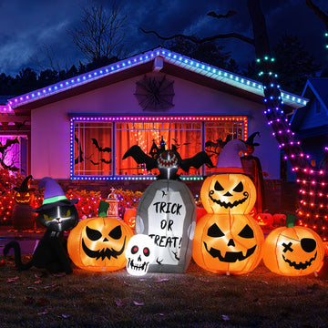 Garvee Inflatables Outdoor Decorations Scary Pumpkin with Witch Cat, Bat & Tombstone, Blow Up Inflatable with Built-in LEDs for Outdoor Yard Garden Lawn Indoor Halloween Party Decor