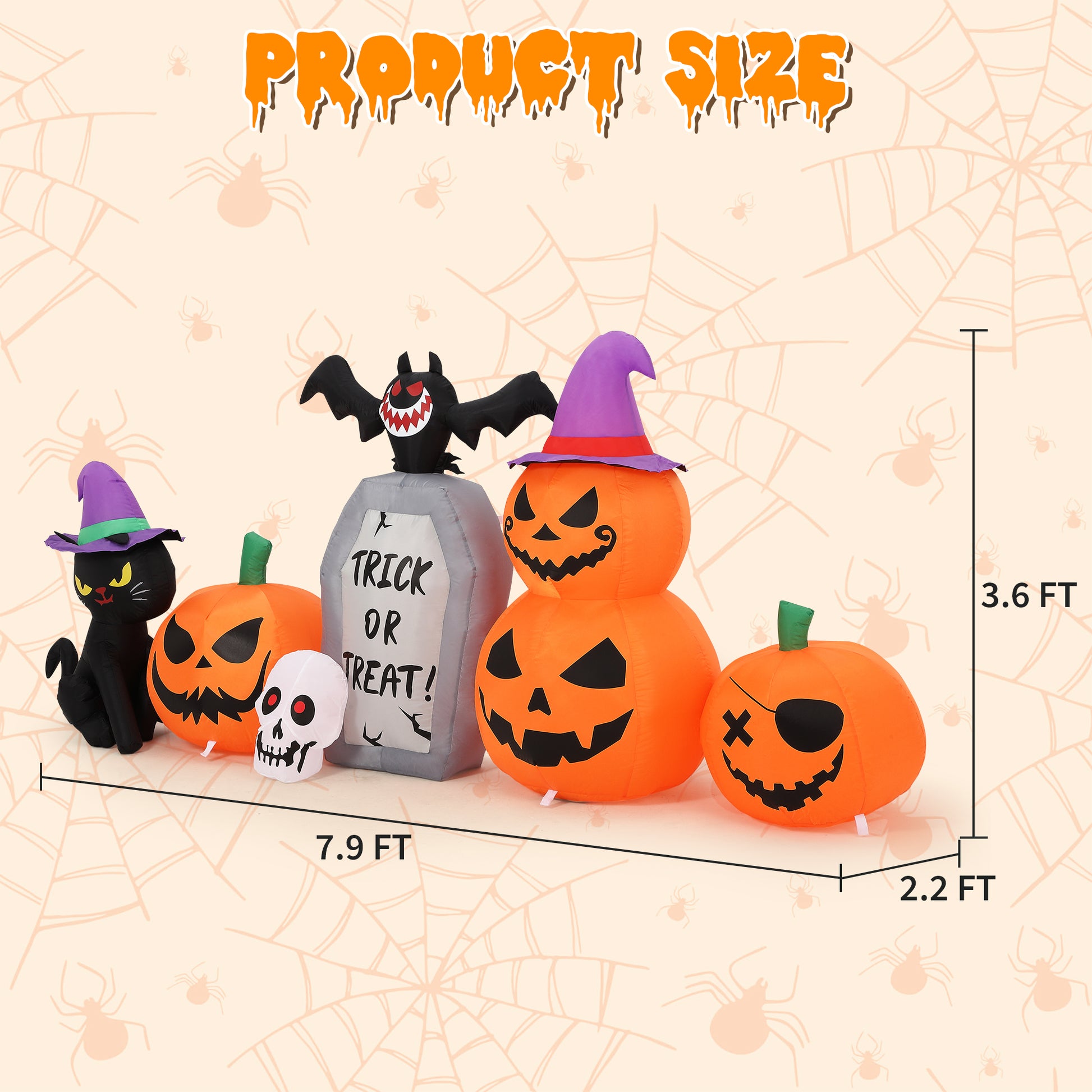 Garvee Inflatables Outdoor Decorations Scary Pumpkin with Witch Cat, Bat & Tombstone, Blow Up Inflatable with Built-in LEDs for Outdoor Yard Garden Lawn Indoor Halloween Party Decor