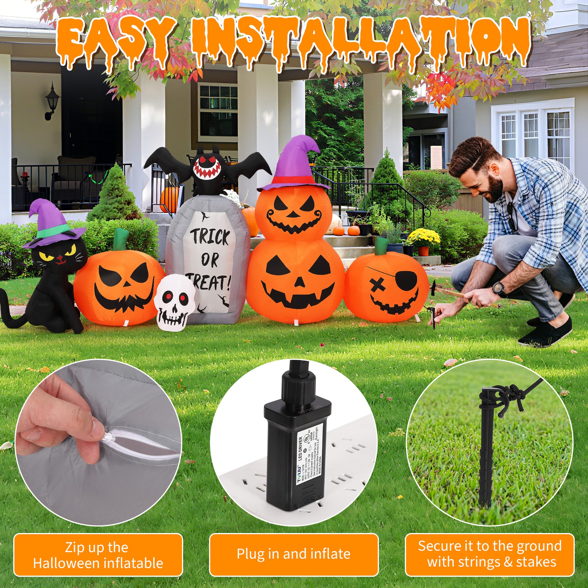 Garvee Inflatables Outdoor Decorations Scary Pumpkin with Witch Cat, Bat & Tombstone, Blow Up Inflatable with Built-in LEDs for Outdoor Yard Garden Lawn Indoor Halloween Party Decor